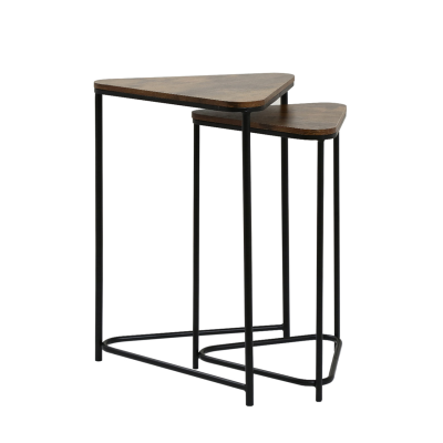 Set of 2 Black Metal Nesting Table with Brown Wooden Top