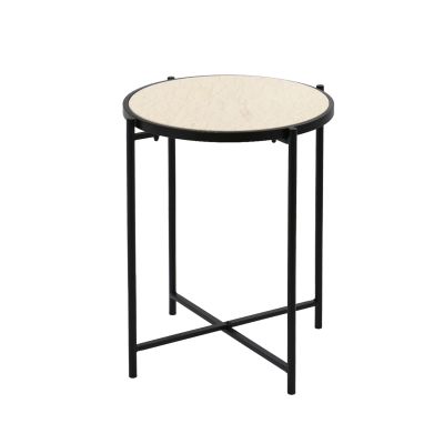 55cm Black Metal End Table with Travertine Marble Top