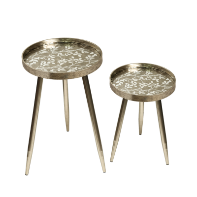 Set of 2 Champagne Nesting Table w/ Leaves Design KD Legs